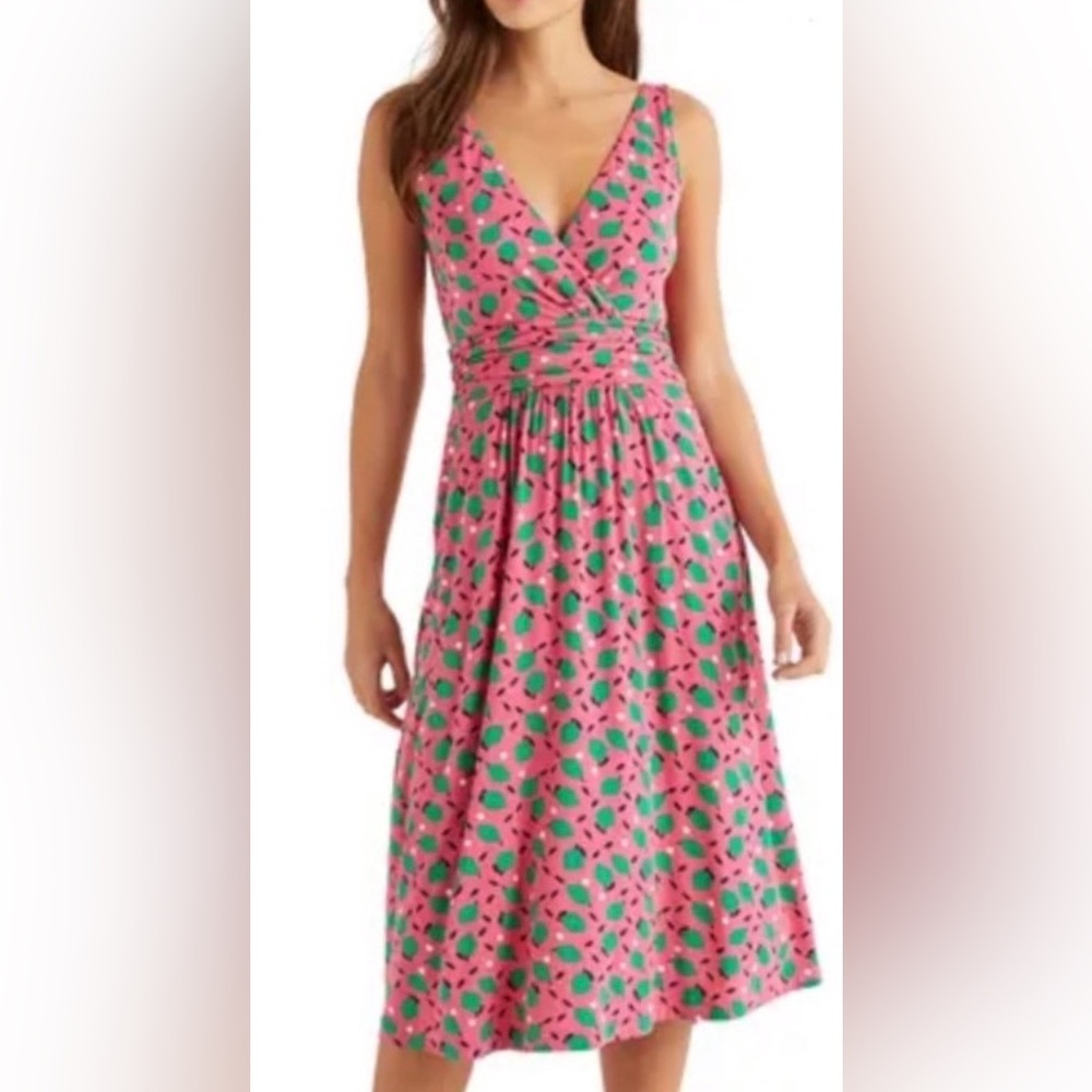 Boden 6 Pink Green Pear Print Jersey Midi Dress Cottagecore Fit & Flare Summer - Picture 10 of 11